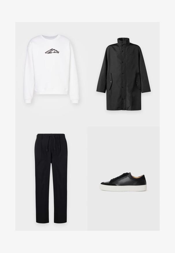 Zwarte waterdichte coat met een hoge kraag, drukknoopsluitingen en zijzakken. Glad materiaal met een relaxte, rechte pasvorm.; Witte sweatshirt met een ronde hals, voorzien van een zwart "ICON" logo dat op de voorkant is gedrukt. Het heeft een ontspannen pasvorm en ribgebreide cuffs aan de mouwen.; Zwarte broek van gladde stof, met een elastische tailleband, rechte pijpen en plooien aan de voorkant voor een gestructureerde uitstraling.; Zwarte leren sneaker met suède accenten, ronde neus, platte witte rubberen zool en contrasterende texturen op de bovenkant en veters.