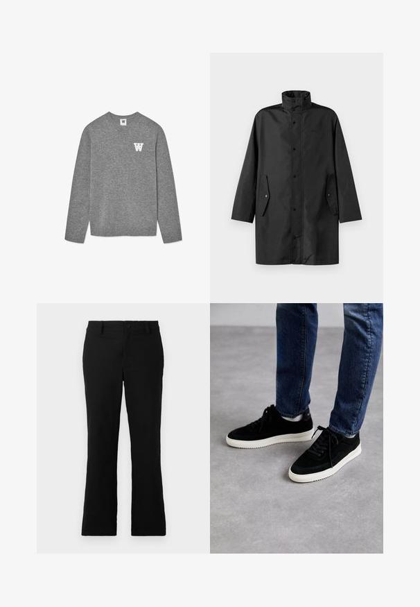 Czarny wodoodporny płaszcz z wysokim kołnierzem, napami i bocznymi kieszeniami. Gładki materiał i luźny, prosty krój.; Szary sweter z dzianiny z okrągłym dekoltem i ściągaczami. Na lewej piersi wyhaftowana jest biała litera "W". Miękka faktura.; Czarne spodnie z szerokimi nogawkami wykonane z mieszanki bawełny, z zapięciem na guzik, szlufkami na pasek oraz gładką teksturą bez widocznych wzorów.; Czarne zamszowe sneakersy z białą gumową podeszwą, charakteryzujące się klasycznym niskim fasonem, zaokrąglonym noskiem i płaskimi czarnymi sznurowadłami.