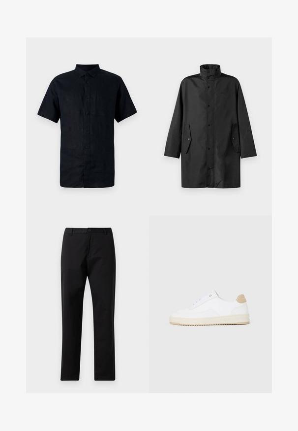 Svart vannavstøtende jakke med høy krage, trykknapper og sidelommer. Glatt stoff med en avslappet, rett skjæring.; Kortermet, mørk marineblå lin skjorte med krage og knapper foran, har placket med knapper og en glatt, teksturert overflate.; Svarte rette bukser med knapp- og glidelås-lukking, beltehemper og frontlommer, vist på hvit bakgrunn.; Hvite lave sneakers med overdel i teksturert skinn, kremfarget såle med ribber og en brunt fargeklatt på hælen. Har hvite lisser og logodetalj på hælen.