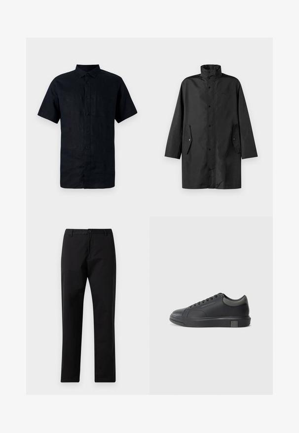 Svart vannavstøtende jakke med høy krage, trykknapper og sidelommer. Glatt stoff med en avslappet, rett skjæring.; Kortermet, mørk marineblå lin skjorte med krage og knapper foran, har placket med knapper og en glatt, teksturert overflate.; Svarte rette bukser med knapp- og glidelås-lukking, beltehemper og frontlommer, vist på hvit bakgrunn.; Sorte lærersneakers med en glat finish, rund tå og mørkegrå detaljer. Har snørebånd og en struktureret gummisål.