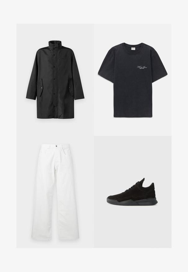 Black waterproof coat featuring a high collar, snap closures, and side pockets. Smooth fabric with a relaxed, straight cut design.; Black short-sleeve crew neck t-shirt with small white "Filling Pieces" text logo on the left chest.; White denim trousers with a straight-leg design, featuring two front pockets and a button closure. Smooth texture with a slightly faded finish.; Black suede sneaker with a low profile, textured upper, flat laces, and a solid rubber sole featuring a slight heel and curved design.