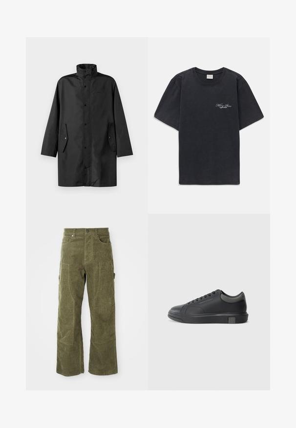 Svart vannavstøtende jakke med høy krage, trykknapper og sidelommer. Glatt stoff med en avslappet, rett skjæring.; Svart kortermet t-skjorte med rund hals og liten hvit "Filling Pieces" tekstlogo på venstre bryst.; Olivengrønna kordfløyelsbukser med front- og sidelommer, forsterkede knelapper og knapp- og glidelås-lukking.; Sorte lærersneakers med en glat finish, rund tå og mørkegrå detaljer. Har snørebånd og en struktureret gummisål.