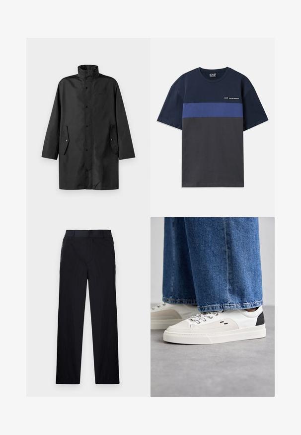 Svart vattentät jacka med hög krage, tryckknappar och sidofickor. Slät tyg med en avslappnad, rak passform.; Mörkblå bomullströja med ett horisontellt blått rand och en kolkolad nederdel. Har en liten logotyp på övre vänstra sidan.; Svarta byxor med lätt, texturerad tyg, rak benmodell, elastisk midja och sidofickor med dragkedja.; Vita och svarta sneakers med en slät läderöverdel, texturerade detaljer och en kraftig vit sula. Har en klassisk snörningsdesign.