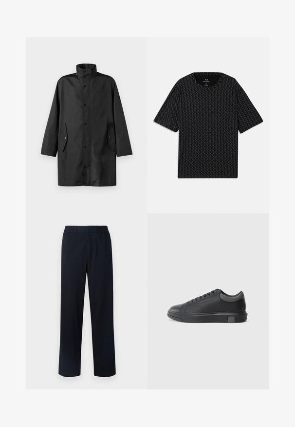 Juodas vandeniui atsparus paltas su aukštu apykakle, sagčių užtrauktuku ir šoniniais kišenėmis. Lygus audinys su laisvu, tiesiu kirpimu.; Juodas marškinėliai su tekstūruotu pakaitinių 'A' logotipų raštu, trumpomis rankovėmis ir apvalia iškirpte. Pagaminti iš lengvos medžiagos.; Jūriniai kelnes su elastine juosta, tiesaus kirpimo dizainu, tekstūruota medžiaga ir be matomų kišenių ar papuošimų.; Juodos odinės sportinės bateliai su lygiu paviršiumi, apvaliu nose ir tamsiai pilkais akcentais. Turi raištelių dizainą ir tekstūruotą gumos padas.