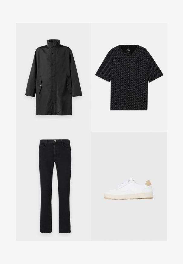 Melna ūdensizturīga jaka ar augstu apkakli, poga slēgšanu un sānu kabatām. Gluda auduma ar brīvu, taisnu griezumu.; Melna t-kreklu ar teksturētu pārveidojumu, kurā mijas 'A' logotipi, īsām piedurknēm un apaļu kakla izgriezumu. Izgatavots no viegla auduma.; Melnas džinsu bikses ar taisnu kāju dizainu, piecām kabatām un metāla pogu aizdari. Gluda tekstūra un klasika dizains.; Baltās zemas kedas ar faktūru ādas virsu, krēmkrāsas rievojamu zoli un brūnu pacēlumu uz papēža. Iekļauj baltas auklas un logo detaļu uz papēža.