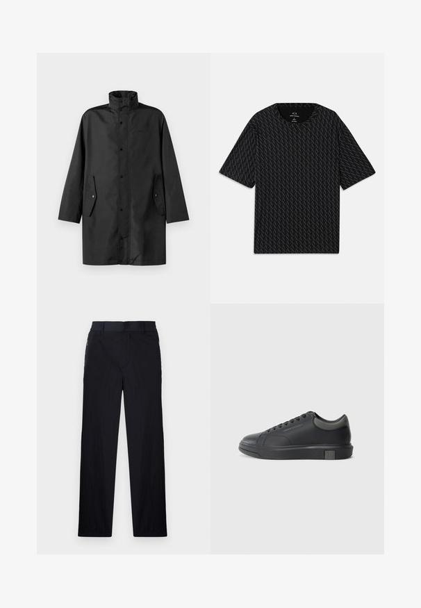 Black waterproof coat featuring a high collar, snap closures, and side pockets. Smooth fabric with a relaxed, straight cut design.; Black T-shirt featuring a textured pattern of alternating 'A' logos, short sleeves, and a crew neckline. Made from lightweight fabric.; Black trousers featuring a lightweight, textured fabric, straight-leg design, elastic waistband, and side zip pockets.; Black leather sneaker with a smooth finish, rounded toe, and dark grey accents. Features lace-up design and textured rubber sole.