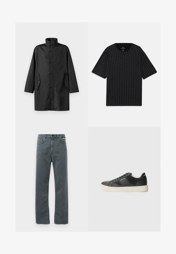 Must tõmbamatud musta vihmajope kõrge kaelusega, nööbiga ja küljetaskutega. Sile kangas ja lõdva sirge lõikega disain.; Must mustläbiga T-särk, millel on tekstuurne muster vahelduvate 'A' logodega, lühikeste varrukatega ja ümar kaelus. Valmistatud kergest kangast.; Hallid hallid denim püksid sirge jala lõikega, viie tasku ja nupuga sulgemisega. Omavad peent õmblust ja klassikalist, minimalistlikku disaini.; Mustad nahast mustad tossud, millel on tekstuuriga detailid, valge kummitald, ümar varvas ja mustad paelad. Brändi logo külgedel ja taga.