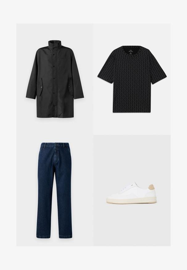 Čierny nepremokavý kabát s vysokým golierom, cvočkovými zapínaniami a bočnými vreckami. Hladká látka s uvoľneným, rovnými strihom.; Čierne tričko s textúrovaným vzorom striedajúcich sa log 'A', krátke rukávy a okrúhly výstrih. Vyrobené z ľahkého materiálu.; Tmavomodré džínsy s rovnými nohavicami, zapínaním na gombík a pútkami na opasok. Tkanina má jemnú textúru a klasické švy.; Biele nízke tenisky s textúrovaným koženým zvrškom, krémovou drážkovanou podrážkou a akcentom v hnedej farbe na podpätku. Majú biele šnúrky a detail loga na päte.