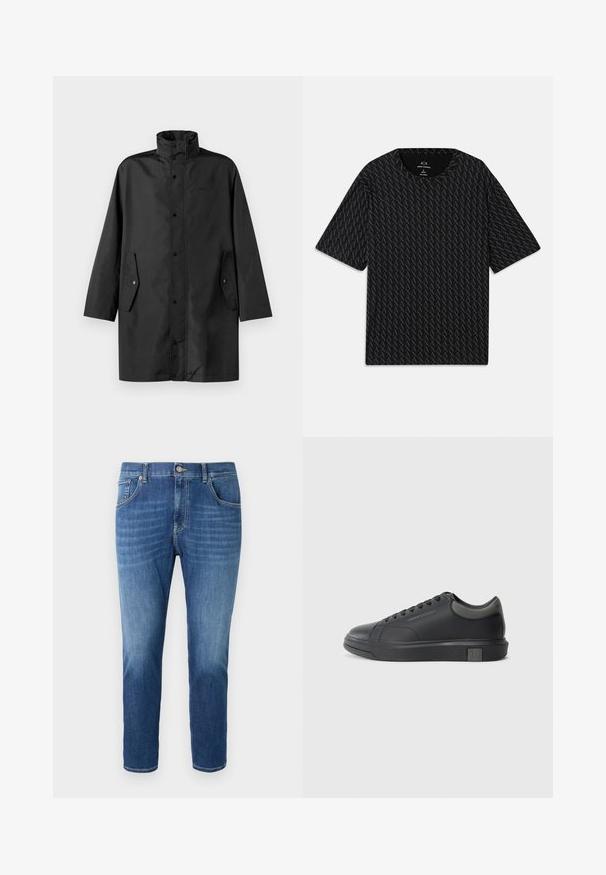 Must tõmbamatud musta vihmajope kõrge kaelusega, nööbiga ja küljetaskutega. Sile kangas ja lõdva sirge lõikega disain.; Must mustläbiga T-särk, millel on tekstuurne muster vahelduvate 'A' logodega, lühikeste varrukatega ja ümar kaelus. Valmistatud kergest kangast.; Sinised denim-püksid sirge lõikega, heledate ja tumedate pesuvariaatsioonidega, viie tasku disainiga, metallist nööbid sulgemiseks ja õmmeldud detailidega.; Musthave mustad nahk sneaker sileda viimistlusega, ümarate varvaste ja tummiste hallide aktsentidega. Omab paeltega kinnitust ja tekstureeritud kummist talla.
