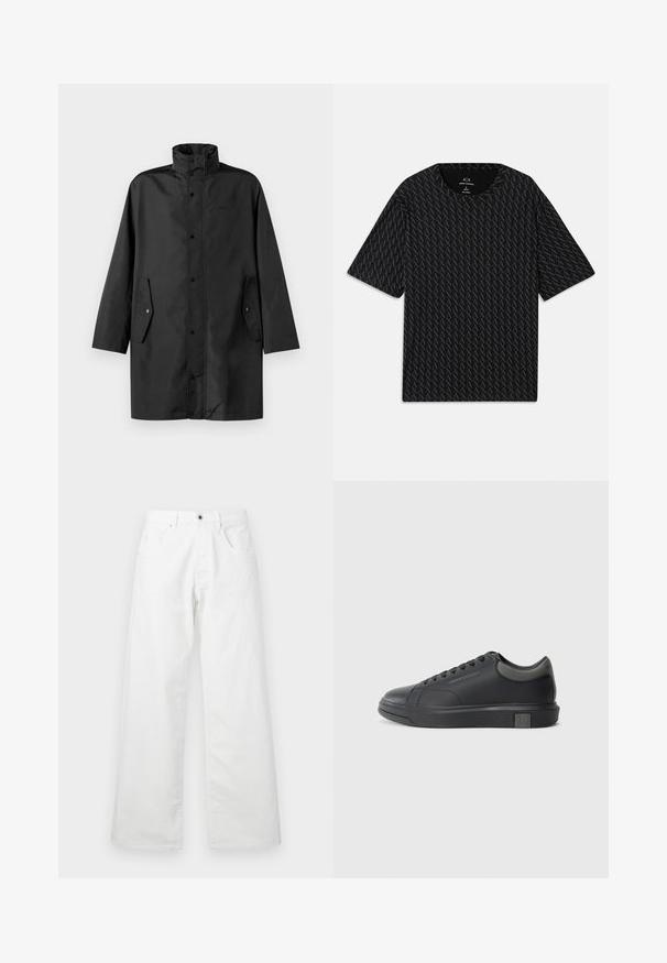 Black waterproof coat featuring a high collar, snap closures, and side pockets. Smooth fabric with a relaxed, straight cut design.; Black T-shirt featuring a textured pattern of alternating 'A' logos, short sleeves, and a crew neckline. Made from lightweight fabric.; White denim trousers with a straight-leg design, featuring two front pockets and a button closure. Smooth texture with a slightly faded finish.; Black leather sneaker with a smooth finish, rounded toe, and dark grey accents. Features lace-up design and textured rubber sole.