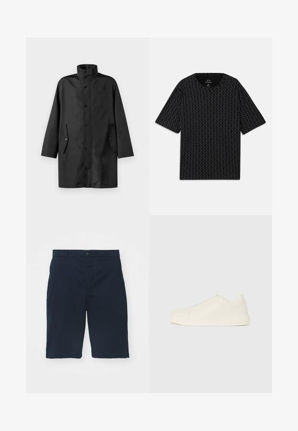 Musta vedenpitävä takki, jossa on korkea kaulus, nepparit ja sivutaskut. Sujuva kangas rentoa suoraa leikkuuta.; Mustat T-paita, jossa on teksturoitu kuvio, jossa vuorottelevat 'A' -logot, lyhyet hihat ja pyöreä pääntie. Valmistettu kevyestä kankaasta.; Tummansinisiä puuvillashortseja, joissa on tasainen etuosa, nappikiinnitys ja sivutaskut. Polvimittaiset, sileäpintaiset ja siistit saumat.; Matalja bež kožna patika niskog profila sa okruglim prstima, minimalnim šavovima i bočnim zatvaračem na beloj pozadini.