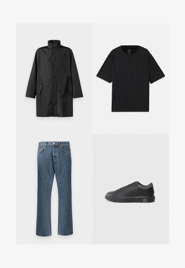 Svart vattentät jacka med hög krage, tryckknappar och sidofickor. Slät tyg med en avslappnad, rak passform.; Svart T-shirt med ett strukturerat mönster av växlande 'A'-logotyper, korta ärmar och rundad halsringning. Tillverkad av lättviktsmaterial.; Blå denimjeans med rak bendesign, som har en klassisk knapp- och dragkedjestängning, fem fickor och subtila blekningar.; Svart lädersneaker med slät yta, rund tå och mörkgrå accenter. Har snörningsdesign och texturerad gummisula.