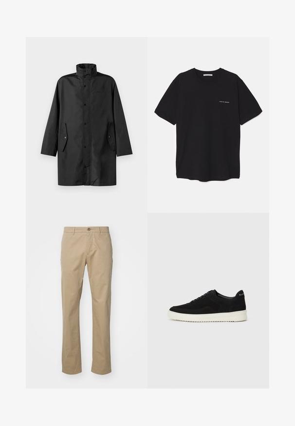 Czarny wodoodporny płaszcz z wysokim kołnierzem, napami i bocznymi kieszeniami. Gładki materiał i luźny, prosty krój.; Czarny bawełniany T-shirt z okrągłym dekoltem, krótkimi rękawami i białym nadrukiem logo na lewej piersi. Prosty, jednolity kolor.; Beżowe chinosy o prostym kroju, wykonane z tkaniny bawełnianej, z pojedynczym guzikiem z przodu oraz standardowym pasem z pętelkami na pasek.; Czarne zamszowe sneakersy z designem na sznurówki i kontrastującą białą gumową podeszwą. Posiadają teksturowane boczne panele oraz subtelne logo na pięcie.