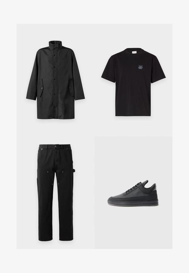 Černý nepromokavý kabát s vysokým límcem, patentkami a bočními kapsami. Hladká látka s uvolněným, rovně střiženým designem.; Černé bavlněné tričko s kulatým výstřihem a krátkými rukávy. Na levé části hrudi se nachází malé modré logo. Jednoduchý, rovně střižený design.; Černé bavlněné kalhoty s rovnými nohavicemi, dvěma předními kapsami, boční kapsou na nářadí a detaily se západkovými knoflíky.; Černé kožené tenisky s texturovaným povrchem, šněrovacím designem, nízkým střihem a šedou gumovou podrážkou s drážkovaným okrajem.