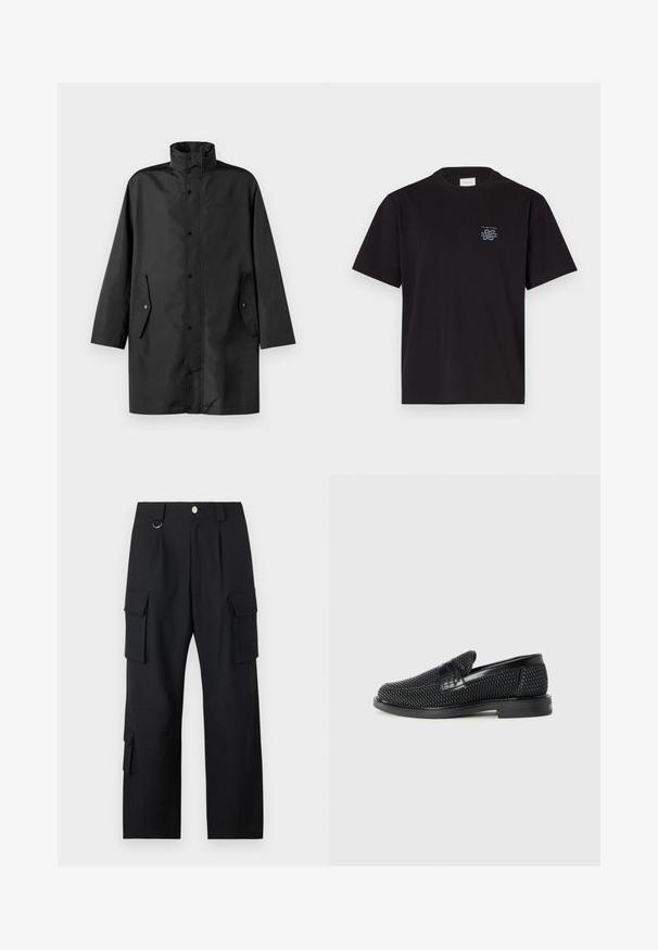 Zwarte waterdichte coat met een hoge kraag, drukknoopsluitingen en zijzakken. Glad materiaal met een relaxte, rechte pasvorm.; Zwarte katoenen T-shirt met een ronde hals en korte mouwen. Heeft een klein blauw logo op de linkerkant van de borst. Eenvoudig, recht gesneden ontwerp.; Zwarte cargobroek van een gestructureerde stof, met meerdere zakken, een rechtvallende pasvorm en een rits/knopen sluiting bij de taille.; Zwartegeweven instap schoenen met een glad leren accent aan de bovenkant, een ronde neusontwerp en een laag profiel rubberen zool.