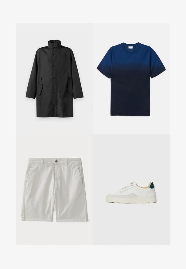 Svart vannavstøtende jakke med høy krage, trykknapper og sidelommer. Glatt stoff med en avslappet, rett skjæring.; Marineblå bomull T-skjorte med rund hals, korte ermer, og et subtilt gradientdesign som går fra lysere til mørkere nyanser.; Hvite bomullsshorts med knappelukking, beltestropper og sidelommer. Stoffet ser glatt ut med en klassisk, skreddersydd design.; Hvit sneakers med semsket detaljer, rund tå, flate snøringer og en kremfarget gummisåle. Har grønn merking på hælen.