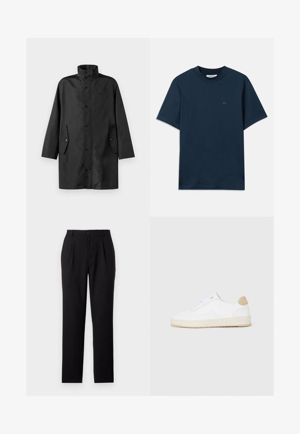 Black waterproof coat featuring a high collar, snap closures, and side pockets. Smooth fabric with a relaxed, straight cut design.; Navy blue cotton t-shirt with a crew neck, short sleeves, and a subtle logo printed on the chest. Smooth texture and classic fit.; Black dress pants with a straight-leg design, made from smooth fabric. Features front pleats and a button closure at the waist.; White low-top sneakers with a textured leather upper, cream ridged sole, and a tan heel accent. Features white laces and logo detail on heel.