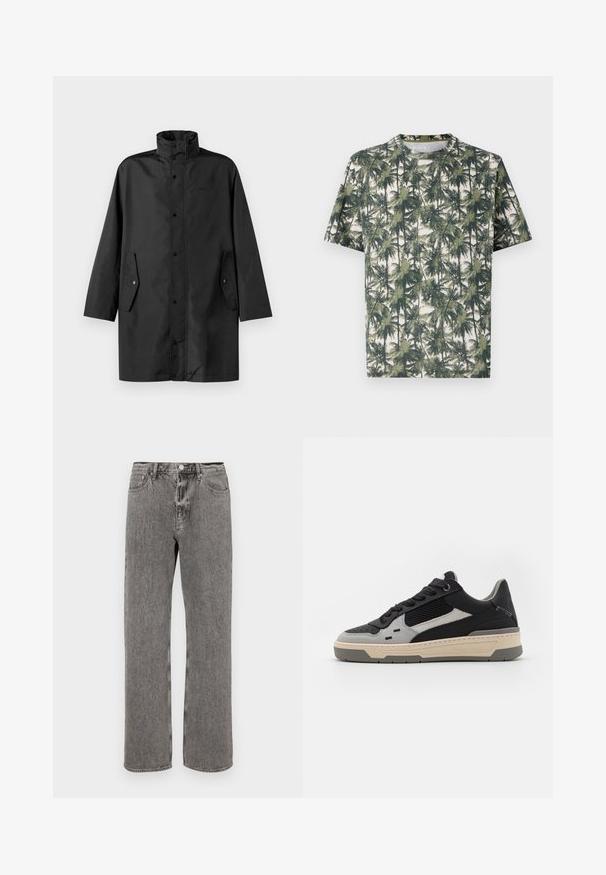 Czarny wodoodporny płaszcz z wysokim kołnierzem, napami i bocznymi kieszeniami. Gładki materiał i luźny, prosty krój.; Koszulka z krótkim rękawem z miękkiego materiału z nadrukiem palm. Dominujące kolory to zieleń i beż, z luźnym krojem i okrągłym dekoltem.; Szare dżinsy o prostym kroju nogawki, pięciokieszeniowym designie i zapięciu na guzik w talii. Subtelna, wyblakła tekstura na całej powierzchni.; Sneakers z czarnymi i szarymi panelami, teksturowaną siateczką, gładką skórą i kremową gumową podeszwą o minimalistycznym designie.