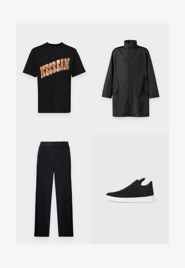 Svart vattentät jacka med hög krage, tryckknappar och sidofickor. Slät tyg med en avslappnad, rak passform.; Svart bomull t-shirt med en stor, djärv "ICECREAM" grafik i gult och rött, med en strukturerad, mönstrad design på bokstäverna.; Svarta byxor med lätt, texturerad tyg, rak benmodell, elastisk midja och sidofickor med dragkedja.; Svart mockaskor med en vit gummisula, som har ton-i-ton-sömmar och snörningsdesign. Slät textur med en modern, strömlinjeformad form.