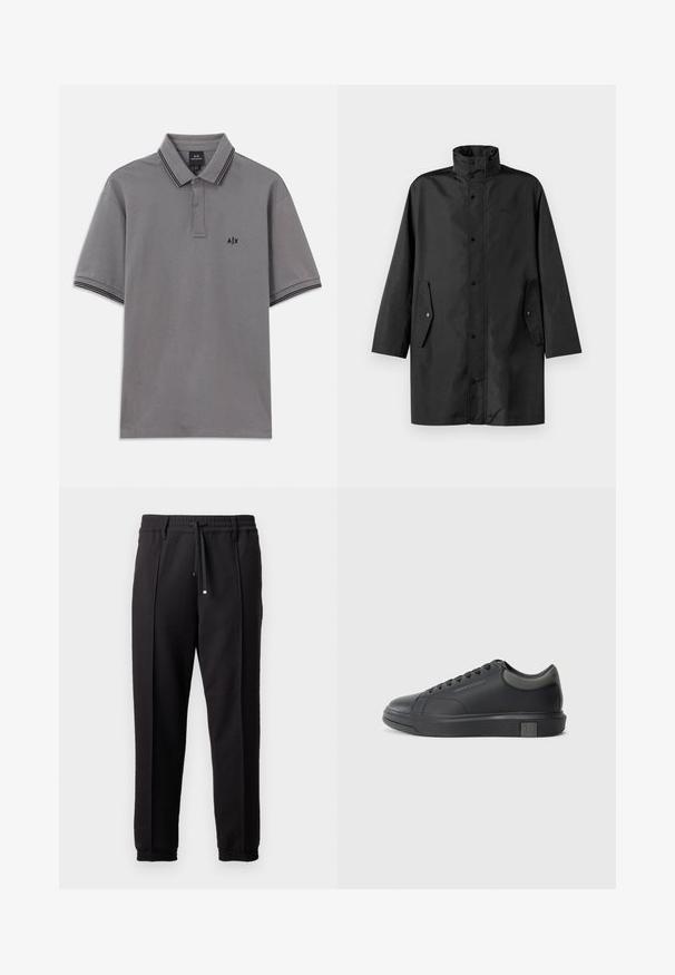 Čierny nepremokavý kabát s vysokým golierom, cvočkovými zapínaniami a bočnými vreckami. Hladká látka s uvoľneným, rovnými strihom.; Šedé polo tričko s krátkym rukávom a čiernymi detailmi na golieri a rukávoch, s gombíkmi na sprístupnenie, a malým čiernym logom A|X na ľavej hrudi.; Čierne nohavice s pásom, šnúrkou na stiahnutie a elastickými manžetami. Obsahujú pútkové prešitia a hladkú, textúrovanú látku.; Čierne kožené tenisky s hladkým povrchom, zaoblenou špičkou a tmavošedými akcentmi. Obsahujú šnurovací dizajn a štruktúrovanú gumovú podrážku.