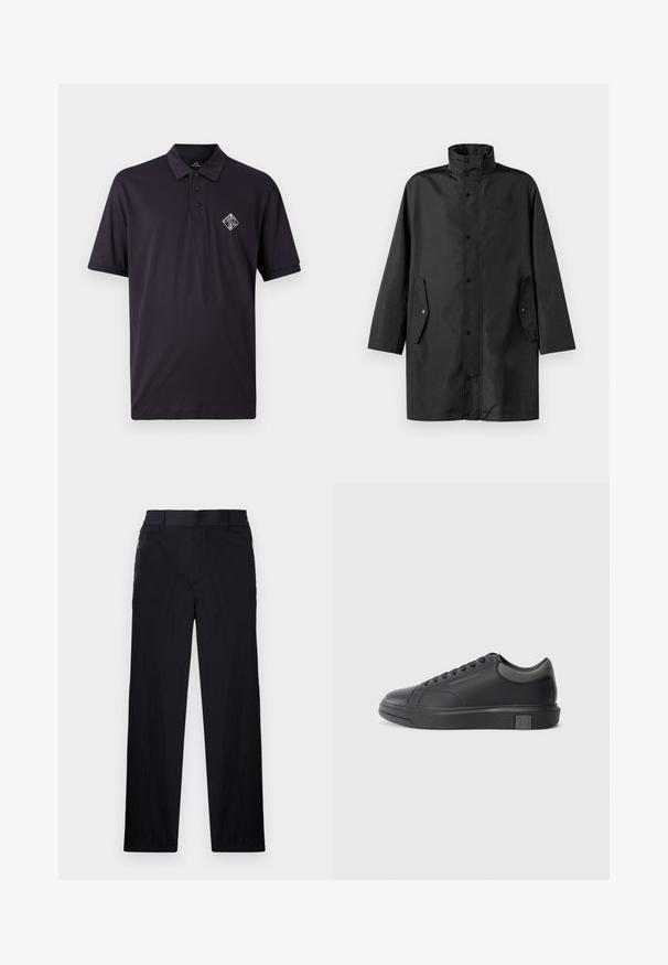 Fekete vízálló kabát, magas gallérral, patentos záródással és oldalsó zsebekkel. Simító anyag, laza, egyenes szabású dizájnnal.; Sötét navy kék pamut póló, gallérral, három gombos záródással és rövid ujjal. Az elején egy fehér hímzett logó található.; Fekete nadrág könnyű, textúrált anyagból, egyenes szárú kialakítással, rugalmas derékpánttal és oldalsó cipzáras zsebekkel.; Fekete bőrlábbeli sima felülettel, kerek orral és sötétszürke kiegészítőkkel. Fűzős kialakítású és texturált gumitalppal rendelkezik.