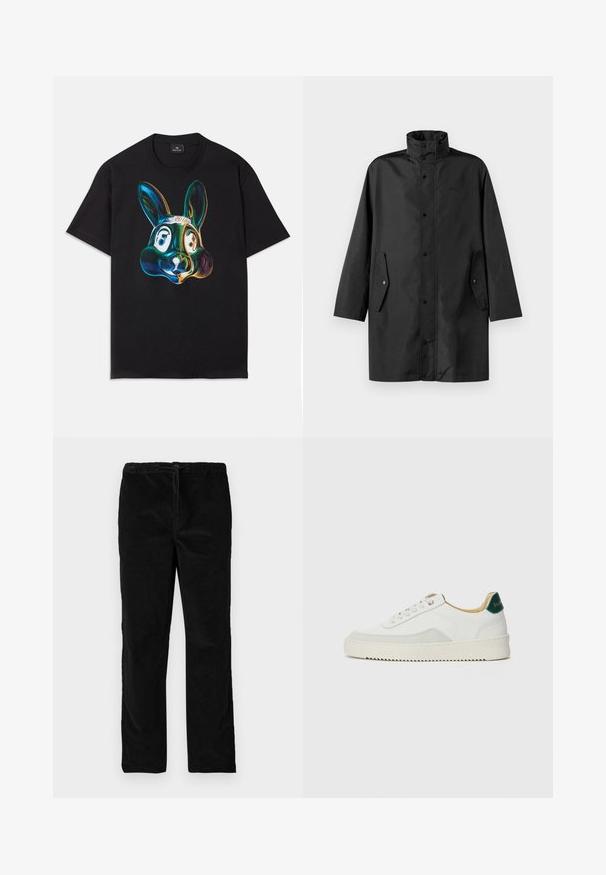 Black waterproof coat featuring a high collar, snap closures, and side pockets. Smooth fabric with a relaxed, straight cut design.; Black cotton t-shirt featuring a colorful, abstract rabbit face illustration on the front. Round neck, short sleeves, and loose fit.; Black straight-leg velvet pants with elastic waistband and front drawstring, displayed against a plain white background.; White sneaker with suede accents, rounded toe, flat laces, and a cream rubber sole. Features green branding on the heel.