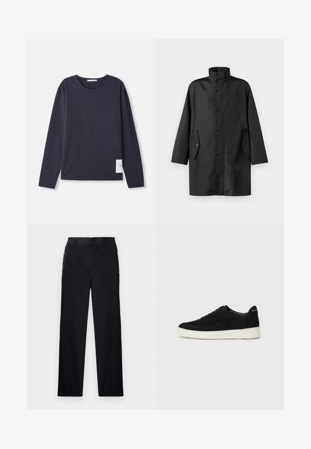 Cămașă impermeabilă neagră, cu guler înalt, închidere cu capse și buzunare laterale. Material neted cu un design relaxed, cu croială dreaptă.; Tricou cu mânecă lungă și guler rotund, din bumbac de culoare bleumarin închis, cu o textură moale, având un mic eticheta albă pe partea stângă.; Pantaloni negri dintr-un material ușor, texturat, cu croială drept pentru picioare, talie elastică și buzunare laterale cu fermoar.; Adidași negri din suede cu design cu șireturi și talpă din cauciuc alb contrastant. Prezintă panouri laterale texturate și branding subtil pe toc.