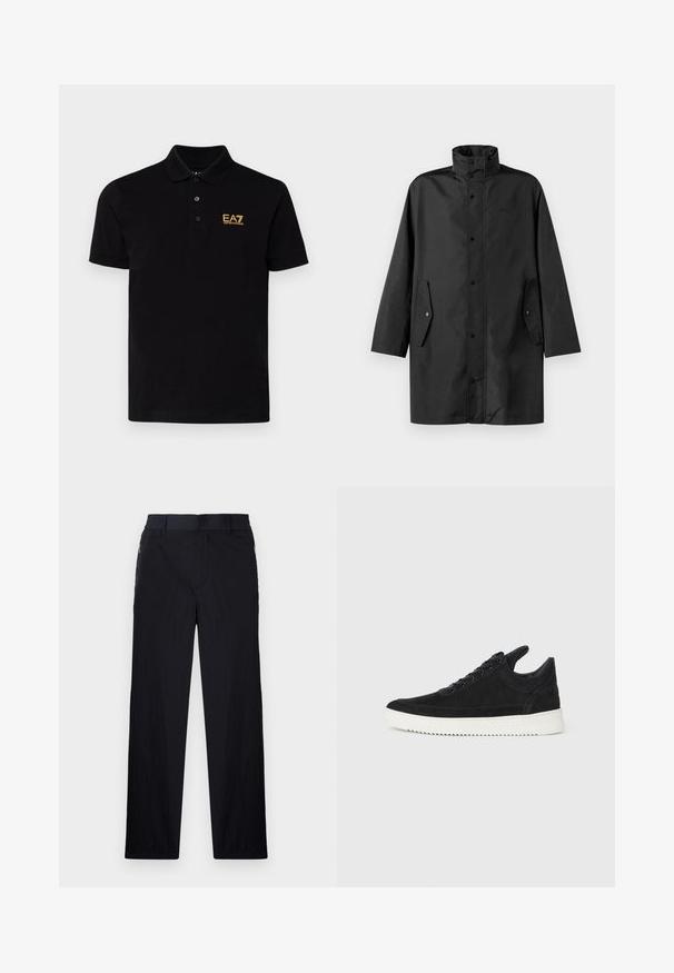 Svart vannavstøtende jakke med høy krage, trykknapper og sidelommer. Glatt stoff med en avslappet, rett skjæring.; Svart polo skjorte laget av bomull med klassisk krage, med tre knapper i halsen og en gull EA7-logo på venstre bryst.; Sorte bukser med lett og teksturert stoff, rett ben-design, elastisk midjebånd og sidelommer med glidelås.; Sorte semskede sneakers med hvit gummisåle, med tonale sømmer og snøring. Glatt tekstur med en moderne, strømlinjeformet form.