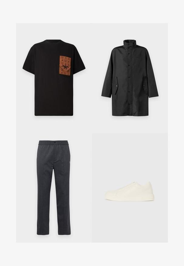 Svart vannavstøtende jakke med høy krage, trykknapper og sidelommer. Glatt stoff med en avslappet, rett skjæring.; Svart T-skjorte med en brun lomme som har et preget mønster og logo. Korte ermer og rund hals. Laget av bomull, casual passform.; Mørkegrå rette bukser med elastisk liv, frontknappelukking og subtil broderidetalj på høyre side.; Lave topp beige lær sneakers med rund tå, minimal søm og glidelås på siden, på en hvit bakgrunn.