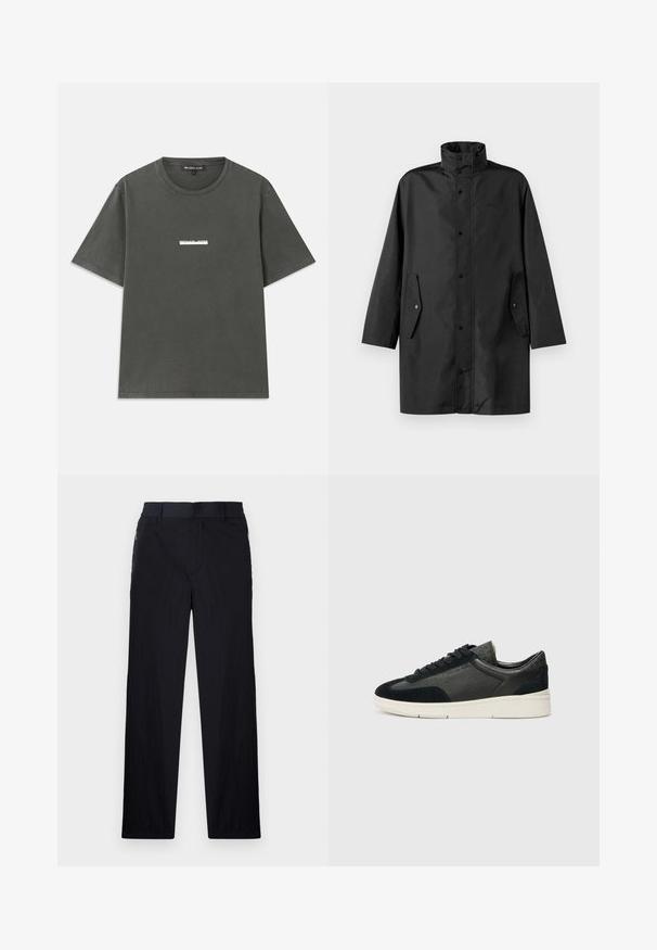 Svart vannavstøtende jakke med høy krage, trykknapper og sidelommer. Glatt stoff med en avslappet, rett skjæring.; Grå bomulls t-skjorte med korte ermer, rund hals og en hvit logo trykket på brystet. Glatt tekstur med et uformelt design.; Sorte bukser med lett og teksturert stoff, rett ben-design, elastisk midjebånd og sidelommer med glidelås.; Lave sneakers med en blanding av svart semsket skinn og teksturert lær, en hvit gummisåle og svarte lisser. Diskret merkevare på siden.