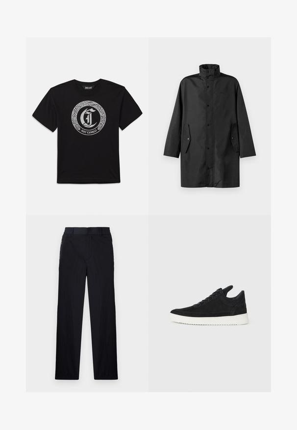 Abrigo impermeable negro con un cuello alto, cierres a presión y bolsillos laterales. Tejido suave con un diseño relajado y corte recto.; Camiseta negra de manga corta con un diseño circular de serpiente plateada que enmarca una letra gótica "J" y el texto "Just Cavalli" debajo.; Pantalones negros con una tela ligera y texturizada, diseño de pierna recta, cinturilla elástica y bolsillos laterales con cremallera.; Zapatilla de ante negra con suela de goma blanca, que presenta costuras en el mismo tono y un diseño de cordones. Textura suave con una forma moderna y aerodinámica.