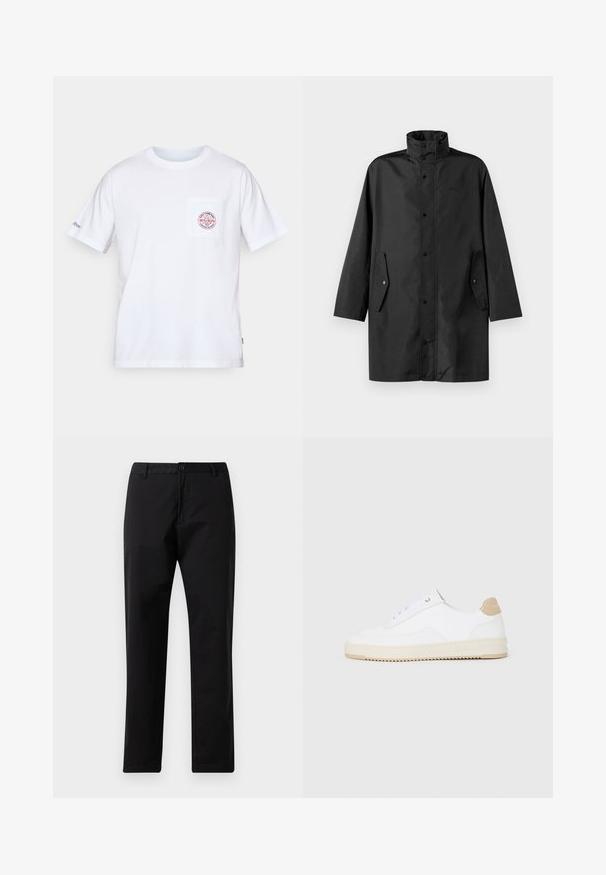 Musta vedenpitävä takki, jossa on korkea kaulus, nepparit ja sivutaskut. Sujuva kangas rentoa suoraa leikkuuta.; Valkoinen puuvillapaita, jossa on pyöreä kaula-aukko, lyhyet hihat ja etutasku, jossa on punainen ja sininen logomuotoilu. Normaali malli.; Mustat suorat housut, joissa on nappi- ja vetoketjukiinnitys, vyölenkit ja etutaskut, esillä valkoisella taustalla.; Valkoiset matalat tennarit, joissa on teksturoitu nahkapinta, kermaisa uratettu pohja sekä ruskea kantapääkorostus. Varustettu valkoisilla nauhoilla ja logoyksityiskohdalla kantapäässä.