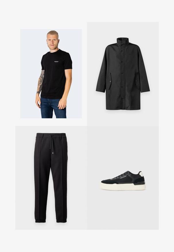 Fekete vízálló kabát, magas gallérral, patentos záródással és oldalsó zsebekkel. Simító anyag, laza, egyenes szabású dizájnnal.; Fekete pamut póló rövid ujjakkal, kerek nyakkal és kis hímzett logóval a mellkason. Kék farmernadrággal viselve.; Fekete nadrág derékpánttal, húzózsinórral és rugalmas mandzsettákkal. Jellemző rá a pliszírozás és a sima, textúrált anyag.; Fekete sneaker, amely hálós és bőrből készült, vastag fehér talppal és kontrasztos díszítőelemekkel. Fűzők és logó részlet az oldalon.