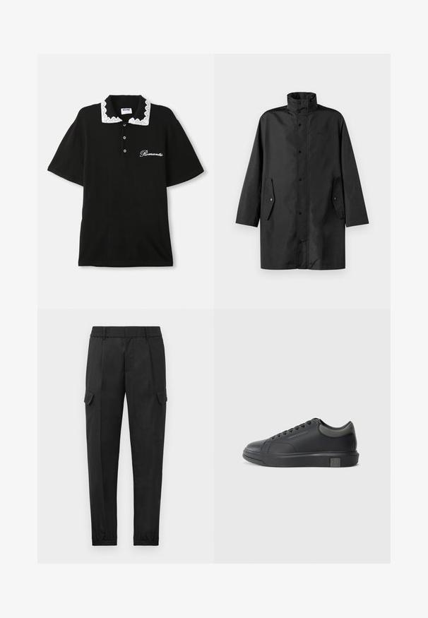Čierny nepremokavý kabát s vysokým golierom, cvočkovými zapínaniami a bočnými vreckami. Hladká látka s uvoľneným, rovnými strihom.; Čierna polokošeľa s krátkym rukávom, bielym krajkovým golierom, tromi prednými gombíkmi a vyšitým nápisom "Romantický" na hrudi.; Čierne cargo nohavice s elastickým pásom, zužujúcimi sa nohavicami, bočnými vreckami a jedným cargo vreckom na ľavom stehne. Hladká textúra.; Čierne kožené tenisky s hladkým povrchom, zaoblenou špičkou a tmavošedými akcentmi. Obsahujú šnurovací dizajn a štruktúrovanú gumovú podrážku.