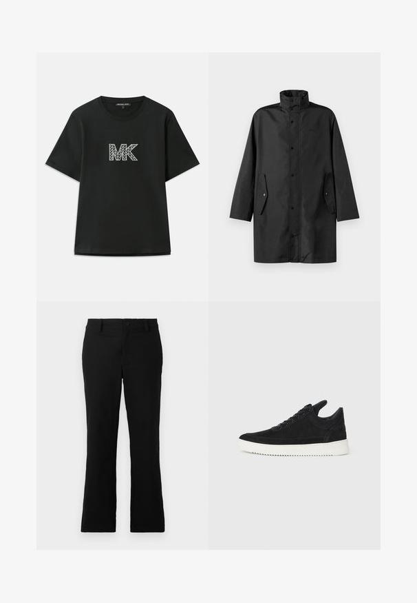 Black waterproof coat featuring a high collar, snap closures, and side pockets. Smooth fabric with a relaxed, straight cut design.; Black cotton t-shirt with short sleeves featuring a geometric "MK" logo in white and gray. Round neckline and relaxed fit.; Black flared trousers made of cotton blend fabric, featuring a button closure, belt loops, and a smooth texture with no visible patterns.; Black suede sneaker with a white rubber sole, featuring tonal stitching and lace-up design. Smooth texture with a modern, streamlined shape.