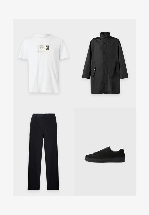 Abrigo impermeable negro con un cuello alto, cierres a presión y bolsillos laterales. Tejido suave con un diseño relajado y corte recto.; Camiseta de algodón blanca con un estampado gráfico en blanco y negro de una calavera dentro de un borde rectangular en la parte frontal. Mangas cortas, cuello redondo.; Pantalones negros con una tela ligera y texturizada, diseño de pierna recta, cinturilla elástica y bolsillos laterales con cremallera.; Zapatillas de ante negro con suela plana y texturizada, puntera redondeada, seis ojetes para los cordones y un diseño minimalista.