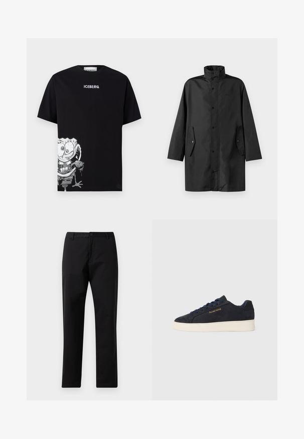 Melna ūdensizturīga jaka ar augstu apkakli, poga slēgšanu un sānu kabatām. Gluda auduma ar brīvu, taisnu griezumu.; Melna kokvilnas t-kreklā, kas apakšējā kreisajā daļā ir attēlots karikatūras varonis, un uz krūšdaļas ir balti burti, kas raksta "ICEBERG".; Melni taisni bikses ar pogu un rāvējslēdzēja aizdari, jostas cilpām un priekšējiem kabatām, izliktas uz baltas fona.; Navy zila zamšas zema augstuma kedas ar baltu zoli, navy krāsas auklām un "Filling Pieces" logo zeltā sānos.
