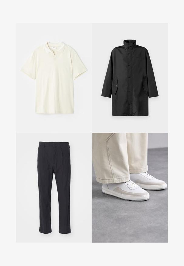 Černý nepromokavý kabát s vysokým límcem, patentkami a bočními kapsami. Hladká látka s uvolněným, rovně střiženým designem.; Krémové polo tričko s klasickým límečkem, krátkými rukávy a jemným V- výstřihem. Hladká textura a minimalistic design.; Černé plisé kalhoty s texturovanou tkaninou, s rovně střiženými nohavicemi a standardním pasem. Žádné viditelné kapsy nebo kovové prvky.; Bílé tenisky s hladkým koženým svrškem, béžovými semišovými detaily, plochými tkaničkami a texturovanou gumovou podrážkou, zkombinované s světlými širokými kalhotami.