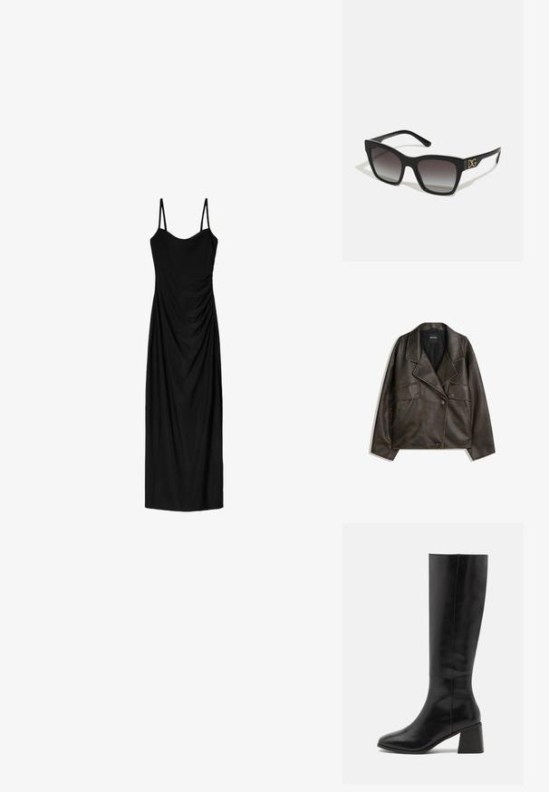 Bruine neplederen jas met een dubbelzijdig ontwerp, revers en twee voorkepers. Opvallende stikdetails langs de naden.; Zwart midi-jurk met dunne verstelbare bandjes, voorzien van een gedrapeerd ontwerp en een gladde textuur. Geen zichtbare patronen of versieringen.; ONLY SHOES ONLBIJOU KNEE HIGH BOOT - Laarzen - black; Zwarte zonnebril met rechthoekige monturen en gradient lenzen. Bevat een gouden "DG" logo op de poot. Gemaakt van glad plastic materiaal.