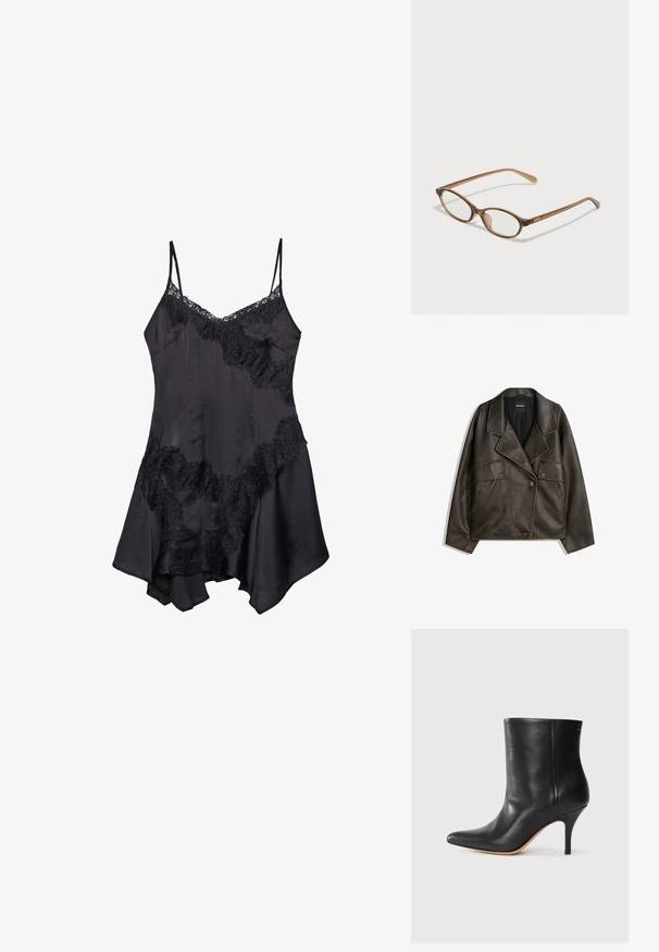 Hnědá faux kožená bunda s dvojitým zapínáním, klopami a dvěma předními kapsami. Výrazné prošívání podél švů.; Černé saténové šaty s krajkovými detaily, s nastavitelnými ramínky a rozšířeným lemem, měkká textura a dekorační volánkové detaily.; Černá kožená kotníková bota s špičatou špičkou, štíhlým jehlovým podpatkem a hladkým povrchem. Minimalistický design bez viditelného hardwaru nebo akcentů.; Hnědé želvovinové brýle s oválnými skly, tenkými bočními nohami a průhlednými akcenty. Obsahují decentní logo na stranu. Elegantní, lehký design.