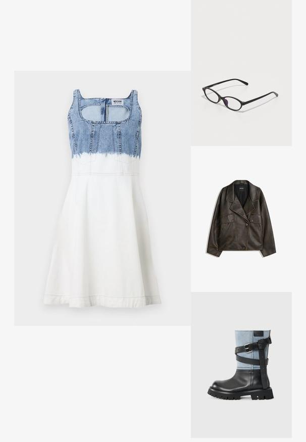 Veste en cuir synthétique marron avec un design à double boutonnage, des revers et deux poches avant. Détails de surpiqûre notables le long des coutures.; MOSCHINO JEANS Robe en jean - multi ice; Bottine en cuir noir avec une tige en denim bleu, une épaisse semelle en caoutchouc noir et une sangle noire avec un détail de boucle en métal.; Lunettes en plastique noir avec une forme ovale, dotées de verres transparents et d'un accent violet sur le verre gauche. Design élégant et minimal.
