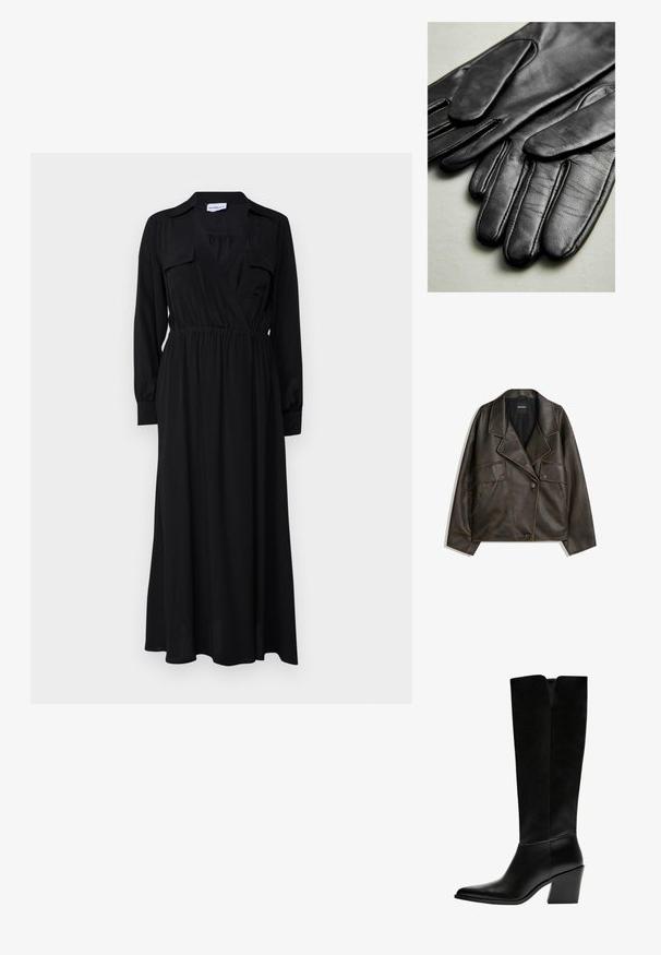 Braune Kunstlederjacke mit doppelreihigem Design, Reverskragen und zwei Vorderfächern. Auffällige Steppnähte entlang der Nähte.; Marella LESSY - Maxikleid - nero; Schwarze kniehohe Stiefel aus glattem Leder, mit spitzem Schuhbund, einem Blockabsatz und einem V-förmigen Ausschnitt an der Oberseite.; Schwarze Lederhandschuhe mit glatter Textur, die Nähte entlang der Finger und ein tailliertes Design aufweisen. Weiches, geschmeidiges Material für Komfort.