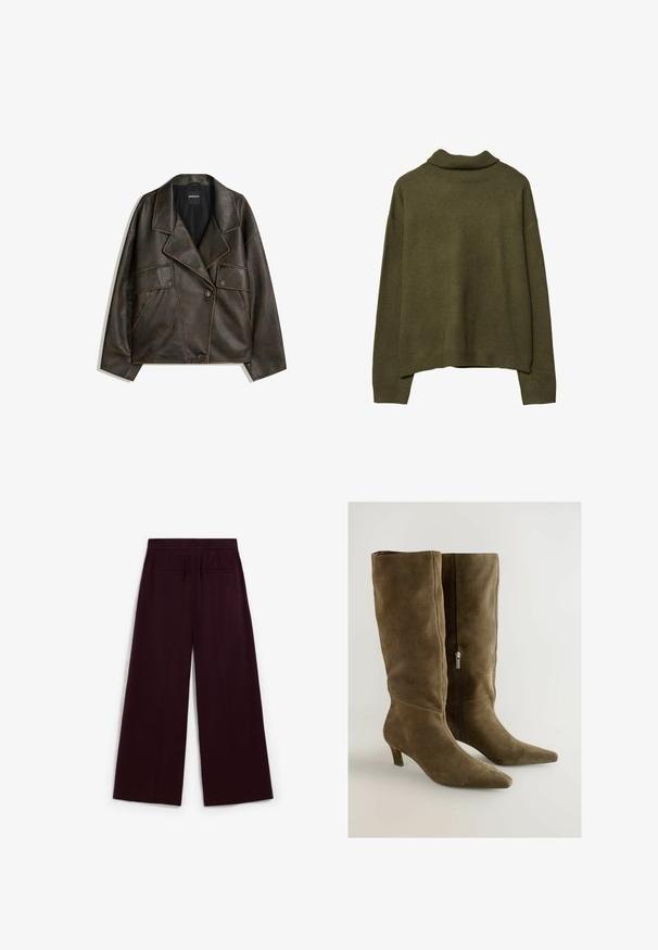 Bruine neplederen jas met een dubbelzijdig ontwerp, revers en twee voorkepers. Opvallende stikdetails langs de naden.; Olijfgroene pullover trui met lange mouwen, voorzien van een geribbelde opstaand kraag, manchetten en zoom, plat weergegeven op een witte achtergrond.; Wijde broekspijpen in diep bordeauxrood, met een gladde textuur, twee achterzakken en een platte tailleband.; Olijfgroene suède kniehoge laarzen met een spitse neus en een zwarte rits aan de zijkant. Heeft een bescheiden hak en een gladde textuur.