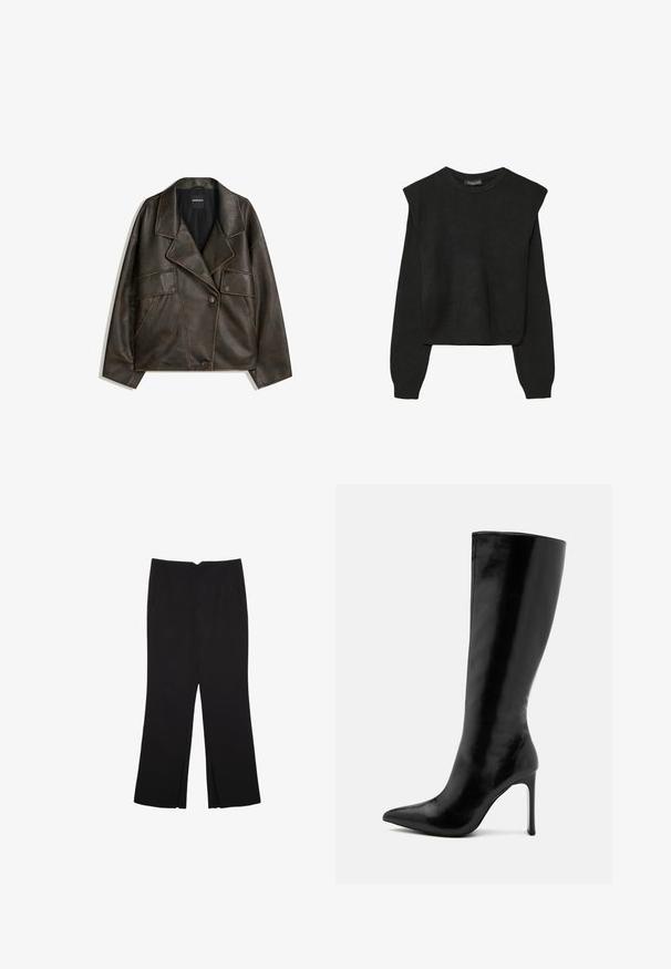 Ruskea keinonahkajakku, jossa on kaksirivinen malli, läpät ja kaksi etutaskua. Huomattava päälystikkaukset saumoissa.; Mustat pitkätuuliseset neulepaidat, joissa on toppaukset harteilla sekä ribbaus hihansuissa ja helmassa, esitetty valkoista taustaa vasten.; Mustat housut suoralinjaisella leikkauksella, joissa on etutaskut ja sivurei'ät helman alla. Valmistettu pehmeästä ja sileästä kankaasta. Sopii eri tilaisuuksiin.; Musta polvipituinen saapas, joka on valmistettu kiiltävästä nahasta, ja jossa on teräväkärkiset varpaat sekä hoikka korko. Tasainen rakenne minimalistisella suunnittelulla.