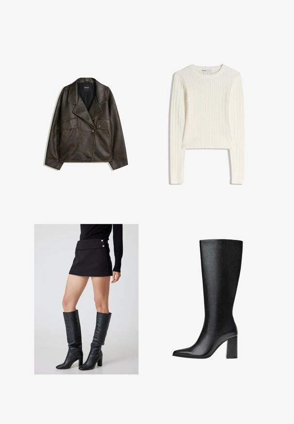 Brun kunstlæderjakke med dobbeltknap design, revers og to frontlommer. Bemærkelsesværdig pyntesyning langs sømmene.; Hvid kabelstrikket sweater med lange ærmer, rund halsudskæring og ribbet struktur. Den korte længde tilføjer et moderne præg.; Sort mini skør med fold-over talje og sølvknapper, parret med knæ-høje sorte læderstøvler med en kraftig hæl.; Sorte knæhøje støvler lavet af imiteret læder med spids tå, glat tekstur og en chunky blokhæl. Minimalistisk design uden synlige detaljer.