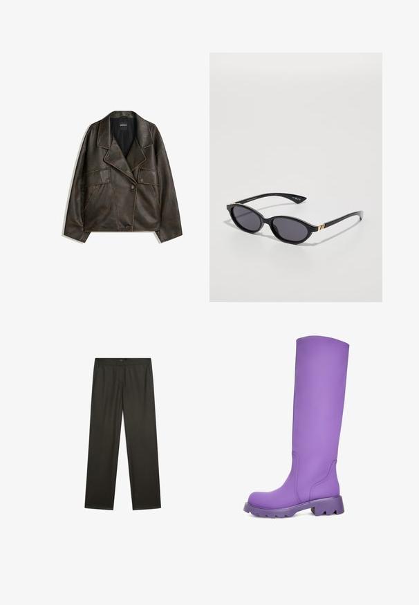 Veste en cuir synthétique marron avec un design à double boutonnage, des revers et deux poches avant. Détails de surpiqûre notables le long des coutures.; Pull en tricot gris en matière douce, avec un col rond classique, des manches longues et des bords côtelés au niveau des poignets et de l'ourlet.; Pantalons larges de couleur vert foncé avec une texture lisse, une taille élastique et des poches latérales. Design simple sans motifs ni éléments de quincaillerie visibles.; Bottes violettes vives jusqu'aux genoux avec une finition lisse et mate. Semelle épaisse et texturée avec un large talon. Détails de couture subtils.; Lunettes de soleil noires avec des lentilles ovales, teinte dégradée foncée et branches fines accentuées par des touches d'or subtiles. Fini en plastique lisse.