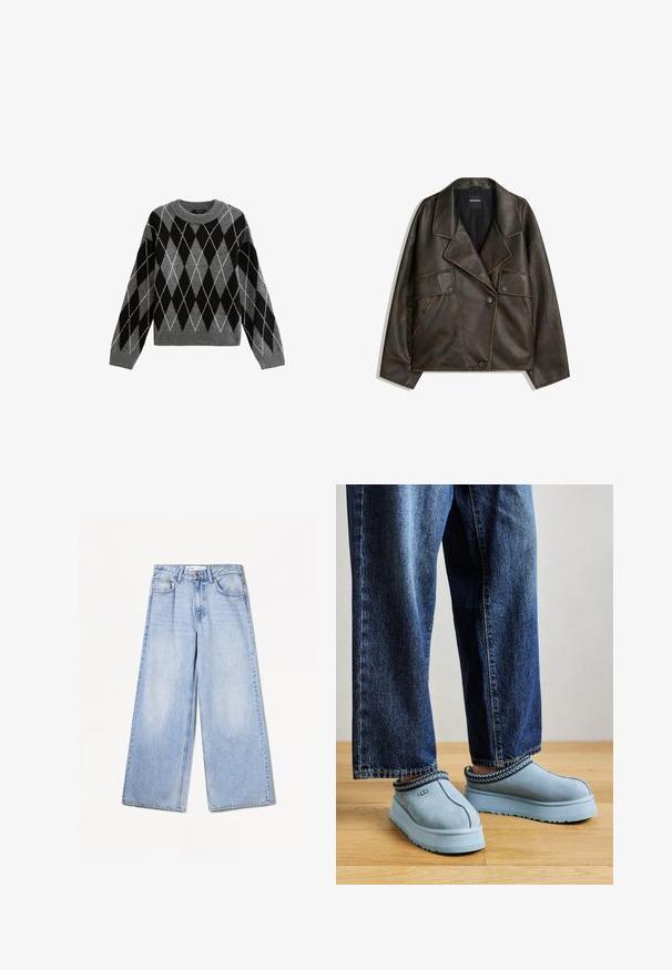 Veste en cuir synthétique marron avec un design à double boutonnage, des revers et deux poches avant. Détails de surpiqûre notables le long des coutures.; New Look ARGYLE CREW NECK MIDWEIGHT - Pullover - light grey; Bershka WIDE-LEG - Wide Leg - light-blue denim; Chaussures UGG en daim bleu à enfiler avec des semelles épaisses, portées avec un jean bleu sur un sol en bois, sur fond uni.