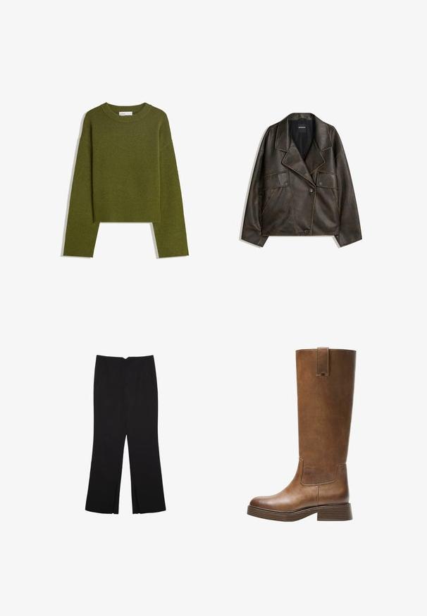 Braune Kunstlederjacke mit doppelreihigem Design, Reverskragen und zwei Vorderfächern. Auffällige Steppnähte entlang der Nähte.; Olivgrüner Strickpullover mit Rundhalsausschnitt, langen Ärmeln und geripptem Saum. Verfügt über ein kurzes Design mit einer weichen, strukturierten Oberfläche.; Schwarze Hose mit geradem Schnitt, ausgestattet mit Fronttaschen und Seitenschlitzen am Saum. Hergestellt aus weichem, glattem Stoff. Geeignet für verschiedene Anlässe.; Braunes Leder-Knöchelhochstiefel mit abgerundetem Zeh, strukturiertem Obermaterial und niedrigem, gestapeltem Absatz. Verfügt über ein seitliches Einsätzen und eine Ziehschlaufe an der Oberseite.