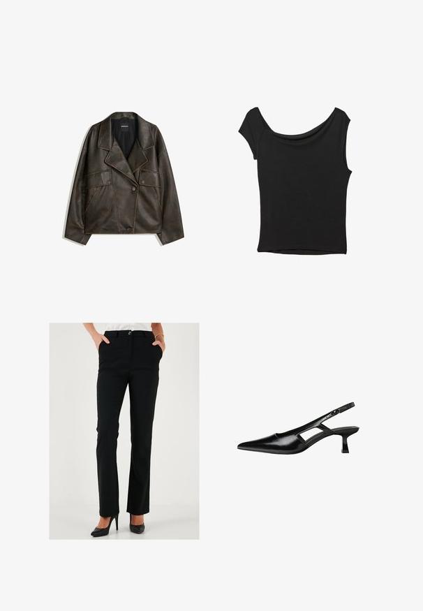 Brun kunstlæderjakke med dobbeltknap design, revers og to frontlommer. Bemærkelsesværdig pyntesyning langs sømmene.; Sort kortærmet top lavet af glat stof; har en draperet halsudskæring og en asymmetrisk kant, med en tætsiddende pasform.; Sorte skræddersyede bukser med lige ben-design, der har en knaplukning og sidelommer, lavet af et glat stof.; Sorte patentlæder slingback hæle med spids tå, udskåret sideskærm og en lille firkantet hæl. Glat tekstur med minimale detaljer.