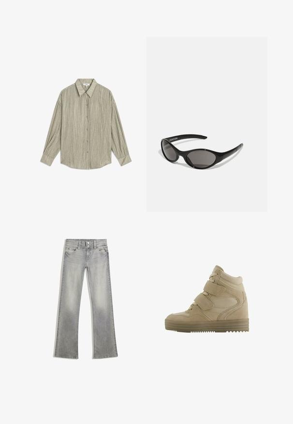 Hnědá faux kožená bunda s dvojitým zapínáním, klopami a dvěma předními kapsami. Výrazné prošívání podél švů.; Světle zelená košile na knoflíky vyrobená z texturované látky. Má špičatý límec a dlouhé rukávy s knoflíkovými manžetami. Tenké vertikální pruhy.; Šedé denimové zvonové džíny s vybledlým vzhledem, nabízející zapínání na knoflík, pět kapes a šitý detail kolem pásku a lemu.; Béžové vysoké tenisky s designem z jemné kůže a síťoviny, nastavitelné suché zipy a silná gumová podrážka se vzorem v zig-zag.; Černé sluneční brýle oválného tvaru s temnými skly. Elegantní plastový rám s texturovanými akcenty na nožkách. Logo na straně.